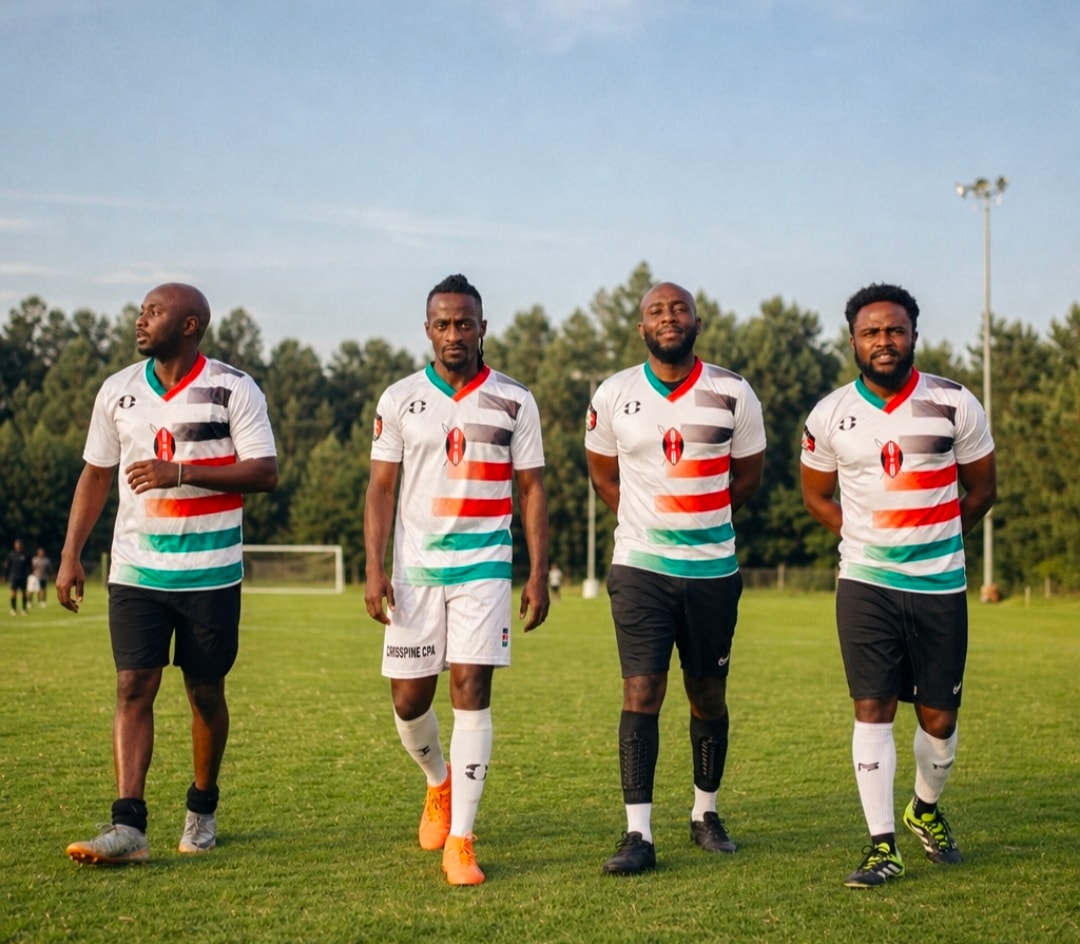 Four JFC players in white, red and green striped kit walking across the pitch at dusk